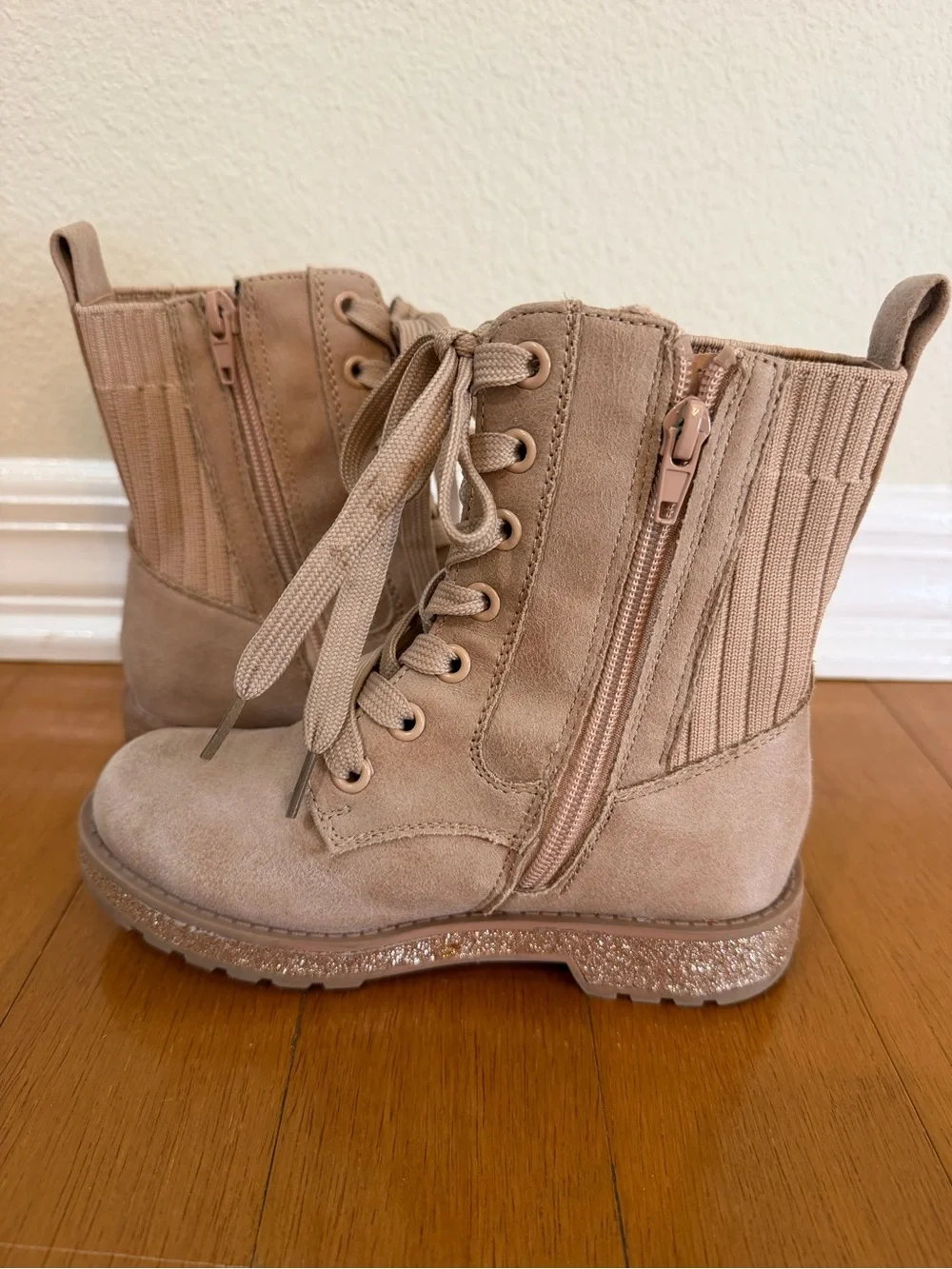 MIA Tan Lace-Up Combat Boots with Glitter Sole Zip-up Girls Size 12 M